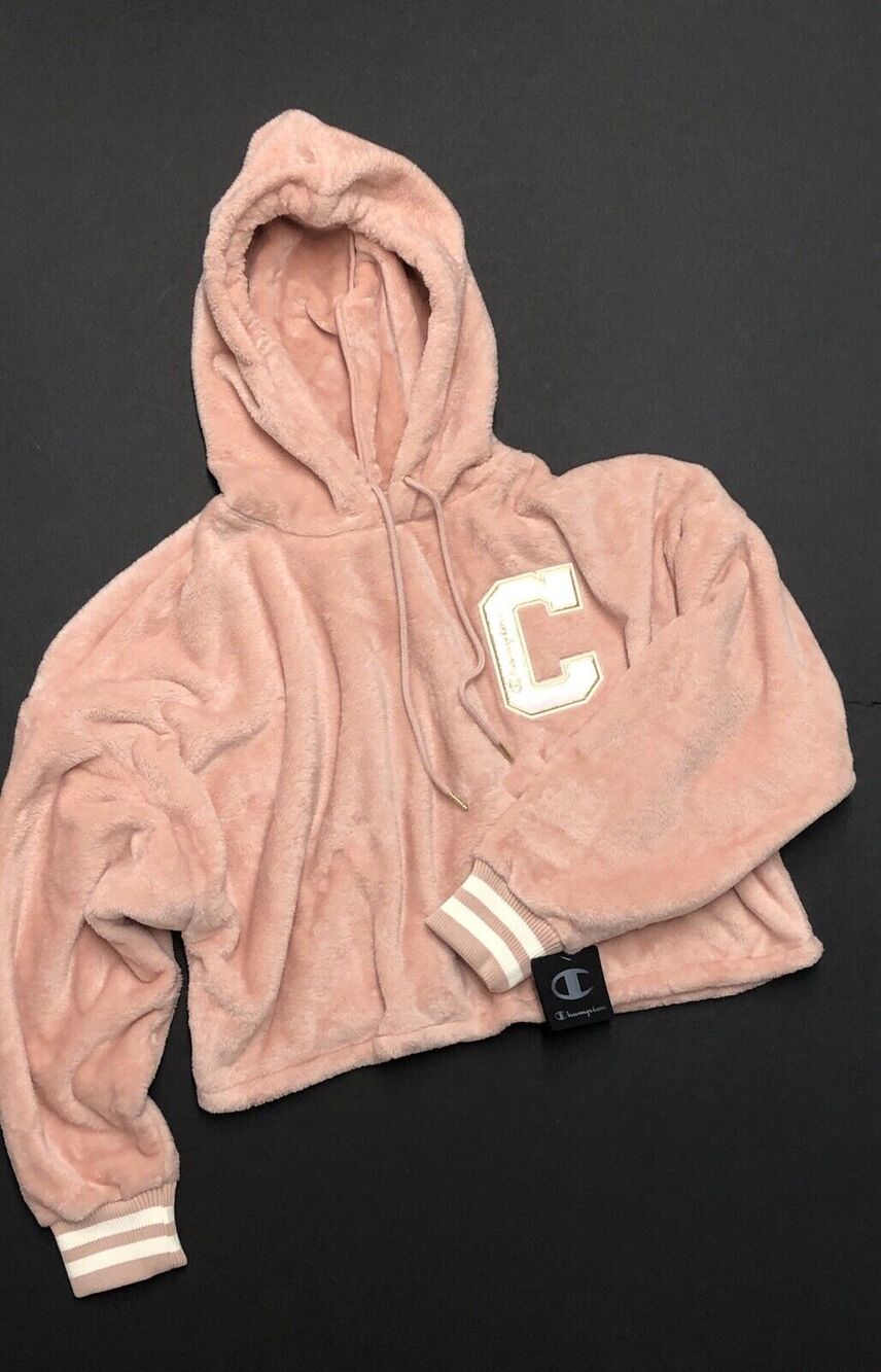 Womens Champion Faux Fur Crop Hoodie SIZE XXL 2XL Cropped BIG C